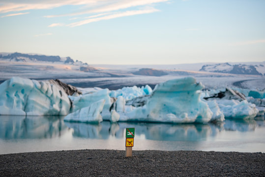 No swimming and No drone zone sign ,Jokulsarlon gracier lagoon ,Iceland.