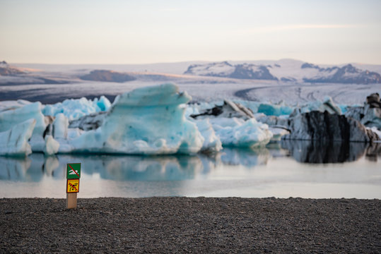 No swimming and No drone zone sign ,Jokulsarlon gracier lagoon ,Iceland.