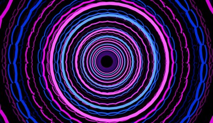 Set of circular neon pink and blue lights in a pattern, render, retro style.