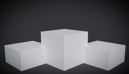 Vignette version of three white square platforms with black background, studio, 3D render.