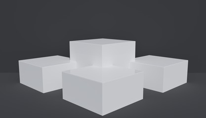 Set of four white square platforms with black background, studio, 3D render.
