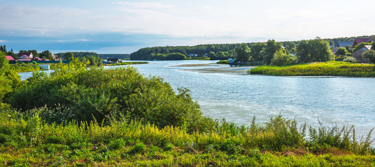 Miltush river and the village of Burmistrovo. Siberia, Russia