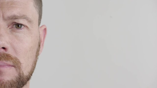 half face young caucasian man looking serious attractive male with beard isolated on white background