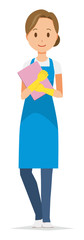 Fototapeta premium A woman wearing a blue apron and rubber gloves has a file