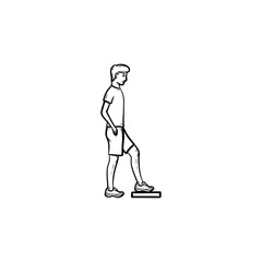 Man doing step aerobics hand drawn outline doodle icon. Activity, fitness cardio workout, gym exercises concept. Vector sketch illustration for print, web, mobile and infographics on white background.
