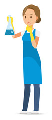 A woman wearing a blue apron and rubber gloves has an Erlenmeyer flask
