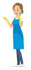 A woman wearing a blue apron and rubber gloves is calling by smart phone