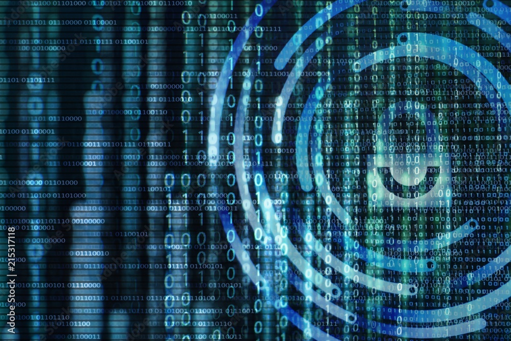 Poster Multiple exposure padlock icon on binary code screen. 