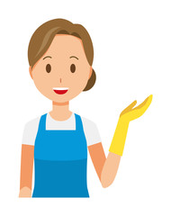 A woman wearing a blue apron and rubber gloves is informed