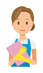 A woman wearing a blue apron and rubber gloves has a file