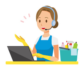 A woman wearing a blue apron and rubber gloves is talking with a headset