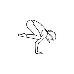 Woman doing yoga in crow pose hand drawn outline doodle icon