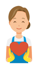 A woman wearing a blue apron and rubber gloves has a heart mark