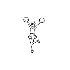 Cheerleader girl jumping with hands up waving pompoms hand drawn outline doodle icon. Cheerleading concept. Vector sketch illustration for print, web, mobile and infographics on white background.