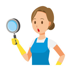 A woman wearing a blue apron and rubber gloves has a magnifying glass