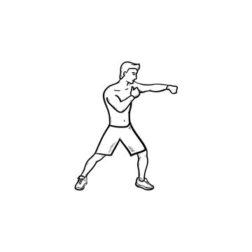 Boxing man in gloves hand drawn outline doodle icon. Fighting sport, martial arts, boxing competition concept. Vector sketch illustration for print, web, mobile and infographics on white background.