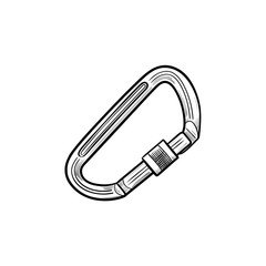 Fototapeta premium Safety mountain climbing carabiner hand drawn outline doodle icon. Climbing equipment, mountain safety concept. Vector sketch illustration for print, web, mobile and infographics on white background.