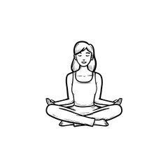 Woman sitting in yoga lotus pose hand drawn outline doodle icon