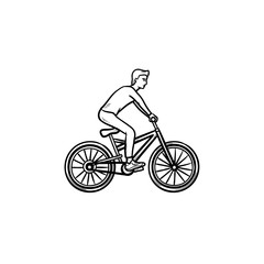 Fototapeta na wymiar Man riding bike hand drawn outline doodle icon. Cycling racing, outdoor sport, healthy lifestyle concept. Vector sketch illustration for print, web, mobile and infographics on white background.