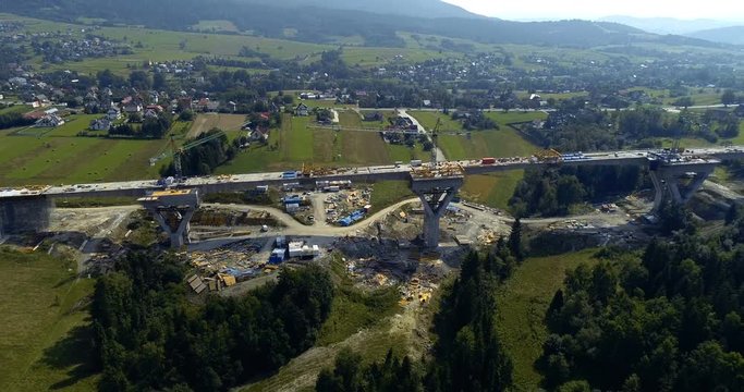 Aerial drone view on highway under construction. Construction of the viaduct on the national road number 7 in Poland