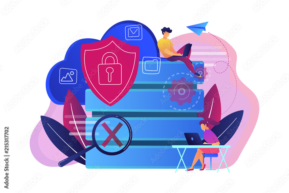 Poster protection shield with lock, magnifier and users working with protected data. internet security, pri