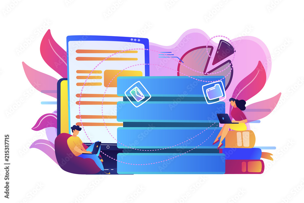 Wall mural users working on laptops with data entry. big data services and technology, information entry equipm