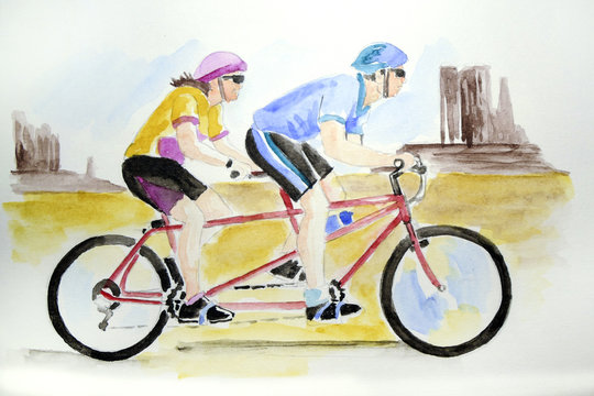 Acuarela pareja en bicicleta tandem