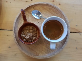 coffee set in plate wood on wooden table