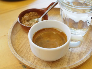 coffee set in plate wood on wooden table