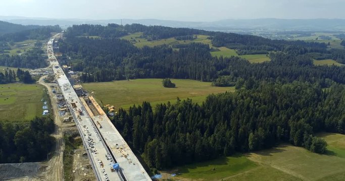 Aerial drone view on viaduct under construction. Construction of the viaduct on the national road number 7 in Poland