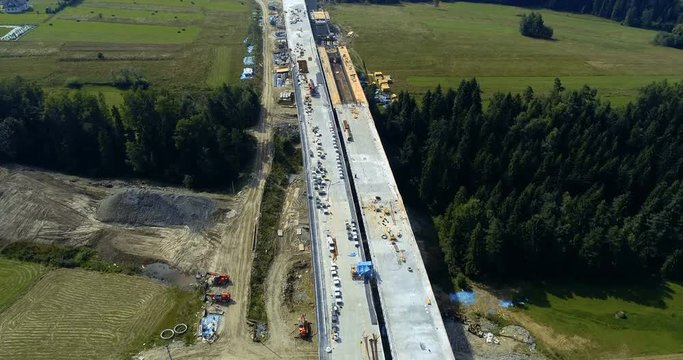 Aerial drone view on viaduct under construction. Construction of the viaduct on the national road number 7 in Poland