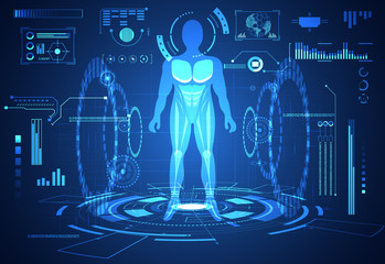 abstract technology ui futuristic concept human hud interface hologram elements of digital data chart, communication, computing and circle percent vitality innovation on hi tech future background