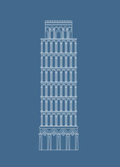 Tower of Pisa outline white icon on blue background, vector eps10 illustration