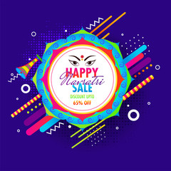 Blue halftone background decorated with abstract elements and floral frame for Navratri Sale with 65% discount offer poster or banner design.