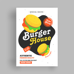 Burger House template or flyer design with fast food illustration.