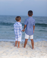 Two brothers holding hands on beach