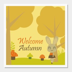 Bunny girl under Autumn tree vector cartoon illustration for Autumn greeting card design, postcard, and wallpaper