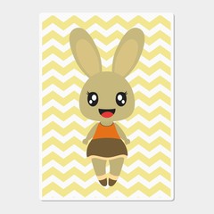 Cute bunny girl smiles on chevron background vector cartoon illustration for baby nursery wall, wallpaper and postcard