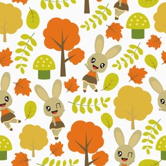 Seamless pattern of cute bunny and Autumn elements vector cartoon illustration for kid wrapping paper, kid fabric clothes, and wallpaper