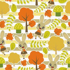 Seamless pattern of cute bunny and Autumn elements on striped background vector cartoon illustration for kid wrapping paper, kid fabric clothes, and wallpaper
