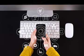 top view of woman hand using smart phone,mobile payments online shopping,omni channel,digital...