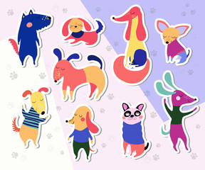 Childish hand drawn dogs stickers collection. Vector illustration.