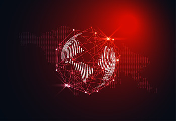 Abstract world wireframe digital technology and map dot concept Sci fi red light on hi tech future dark background. for template, web design or presentation.