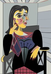Colorful abstract background, cubism art style, woman on chair
