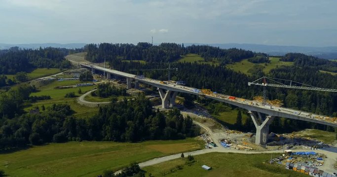 Aerial drone view on highway under construction. Construction of the viaduct on the national road number 7 in Poland