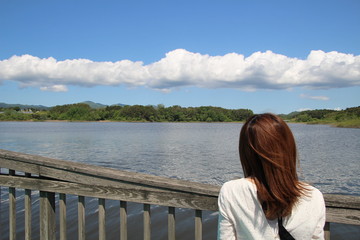 女性, 水, 湖, 空, 美しい, 若い, 自然, 浜, 風景, 海, サマータイム, 青,...