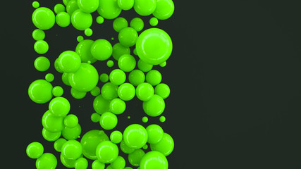 Green spheres of random size on black background