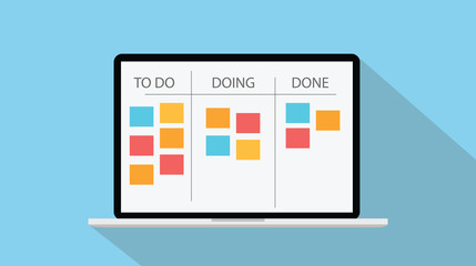 online kanban technology with laptop and paper todo list