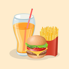 Burger with french fries and fresh orange juice - cute cartoon colored picture. Graphic design elements for menu, poster, ad. Vector illustration of fast food for bistro, snackbar, cafe or restaurant.