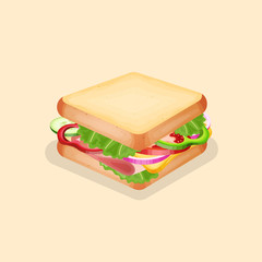 Sandwich - cute cartoon colored picture. Graphic design elements for menu, packaging, advertising, poster, brochure or background. Vector illustration of fast food.